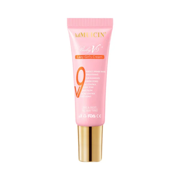 Jar of Baby V9+ Skin Polish Cream with label reading 'Efficient Glow', designed for radiant and smooth skin.